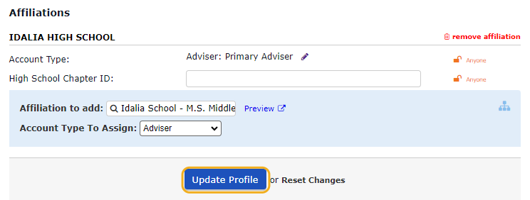 Choose "Adviser" from the Account Type drop-down and click on "Update Profile"