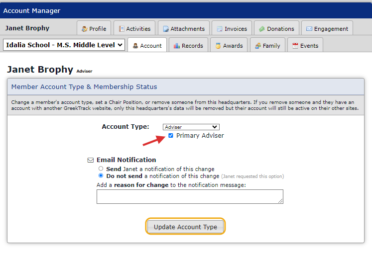 Check if adviser is primary or co-adviser. Update account type.